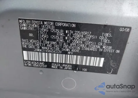 2008 Toyota Rav4 Limited V6 z USA, uszkodzony, nr VIN JTMBK31V086043339